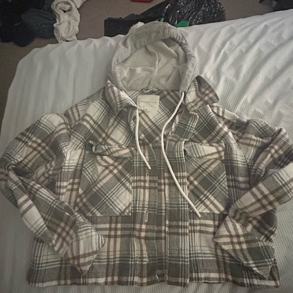 Gray and White Plaid Hooded Jacket